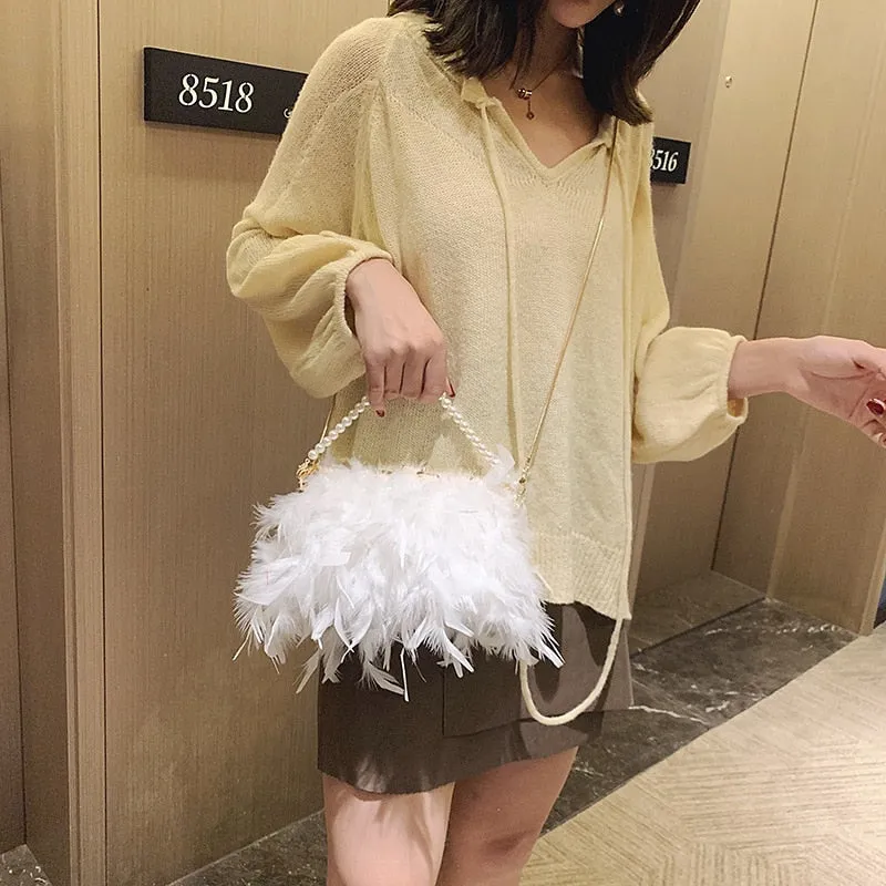 2021 Luxury Chic Handbags Women Famous Brands Ostrich Feather Purses Handbags Women Bags Designer Chain Evening Party Clutch Bag