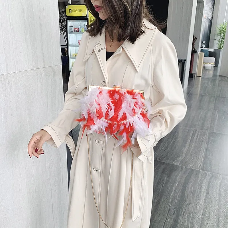 2021 Luxury Chic Handbags Women Famous Brands Ostrich Feather Purses Handbags Women Bags Designer Chain Evening Party Clutch Bag