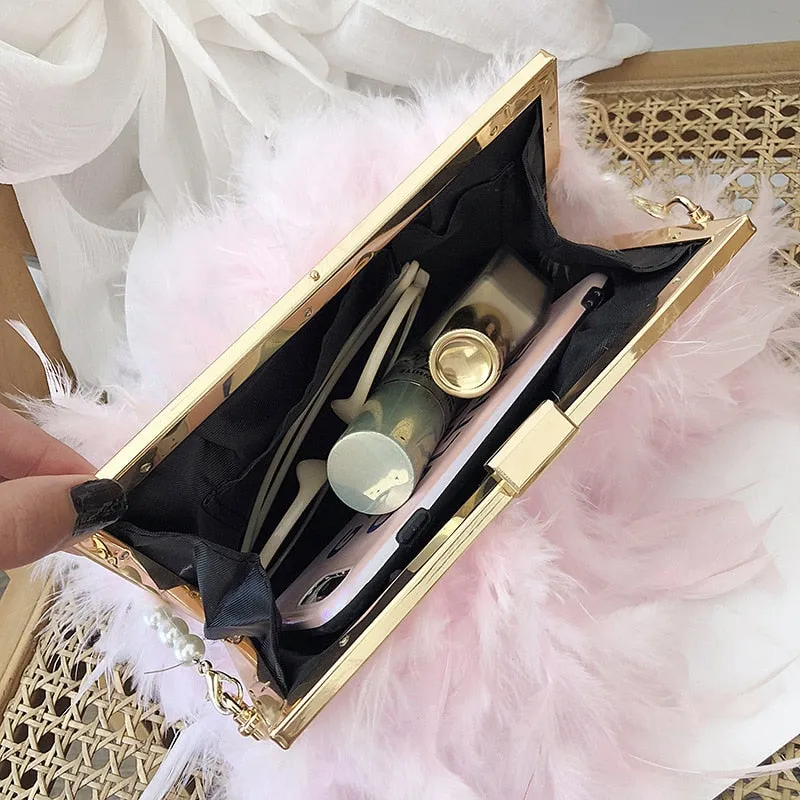2021 Luxury Chic Handbags Women Famous Brands Ostrich Feather Purses Handbags Women Bags Designer Chain Evening Party Clutch Bag
