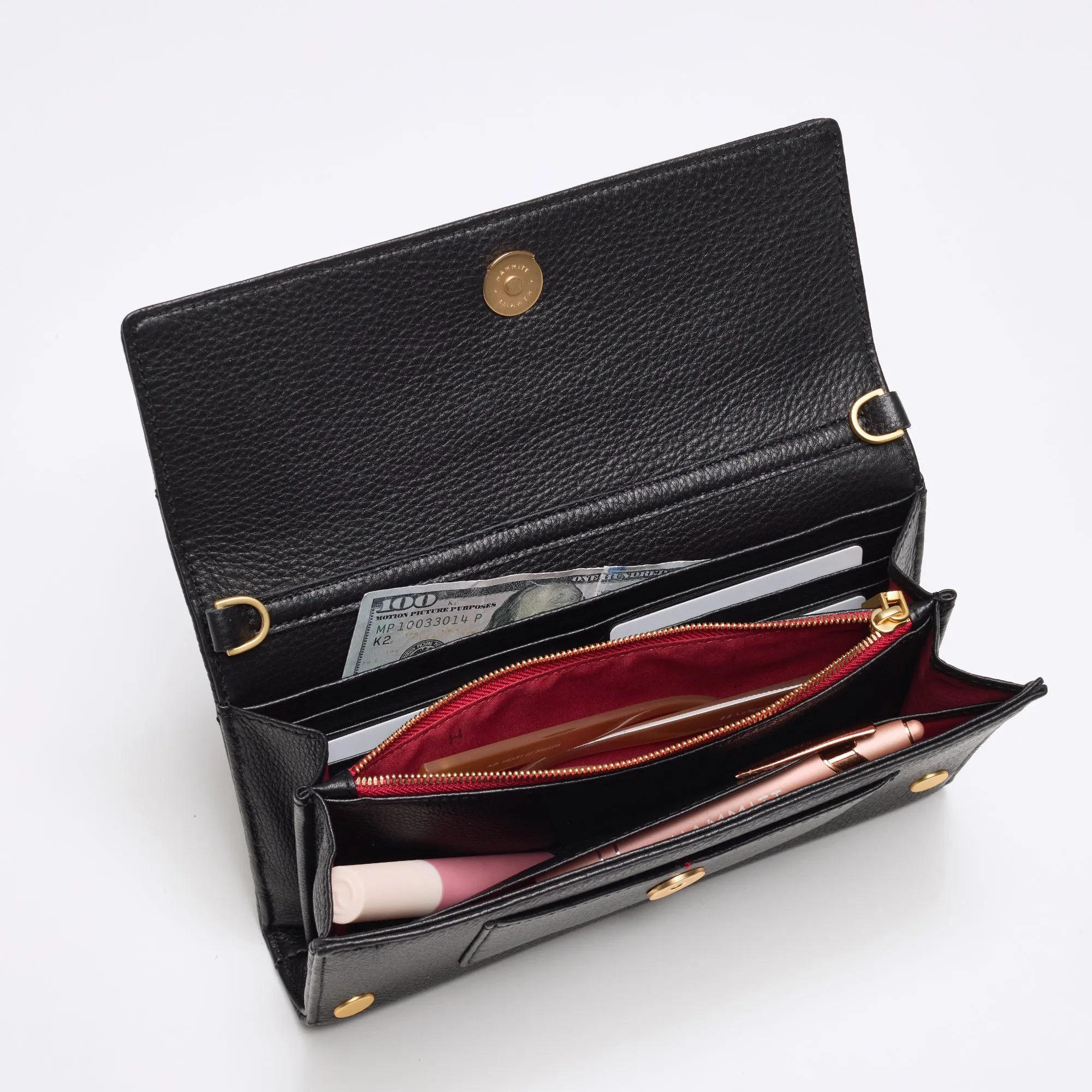 AJ Crossbody Clutch | Black/Brushed Gold Red Zip