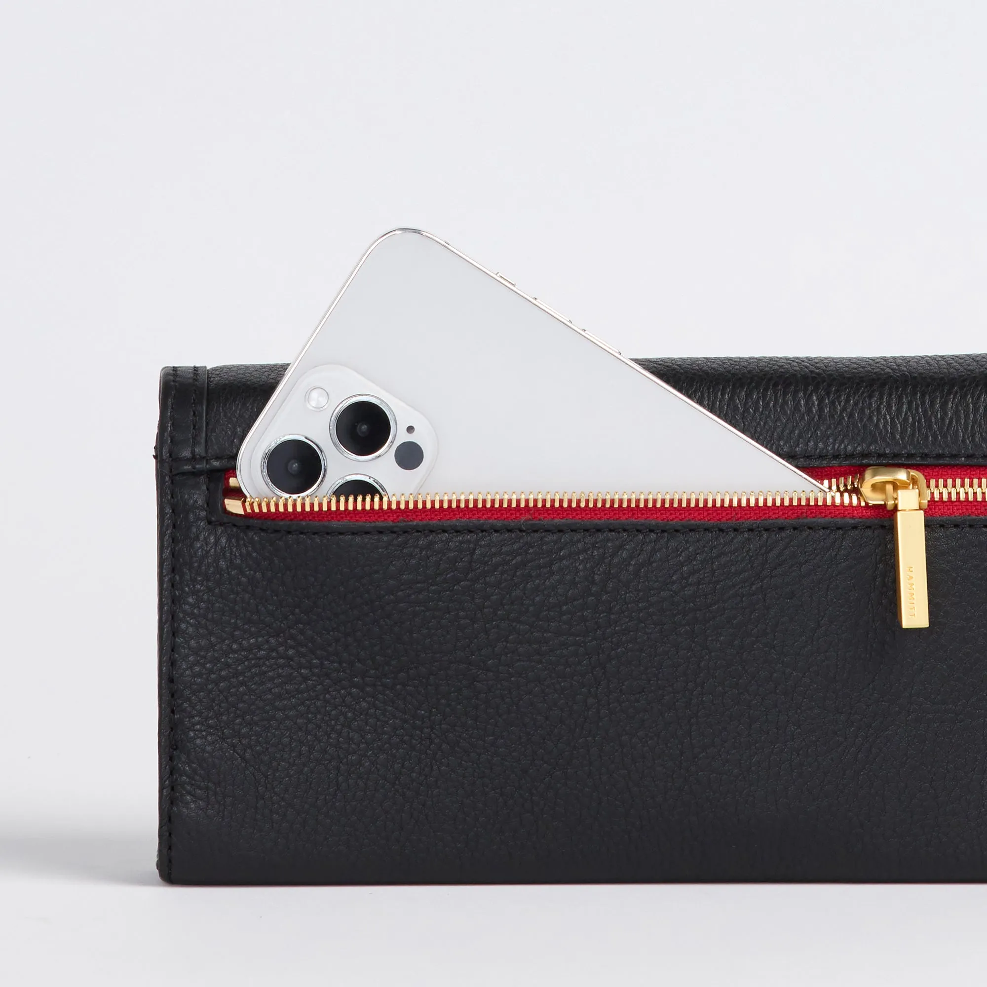 AJ Crossbody Clutch | Black/Brushed Gold Red Zip