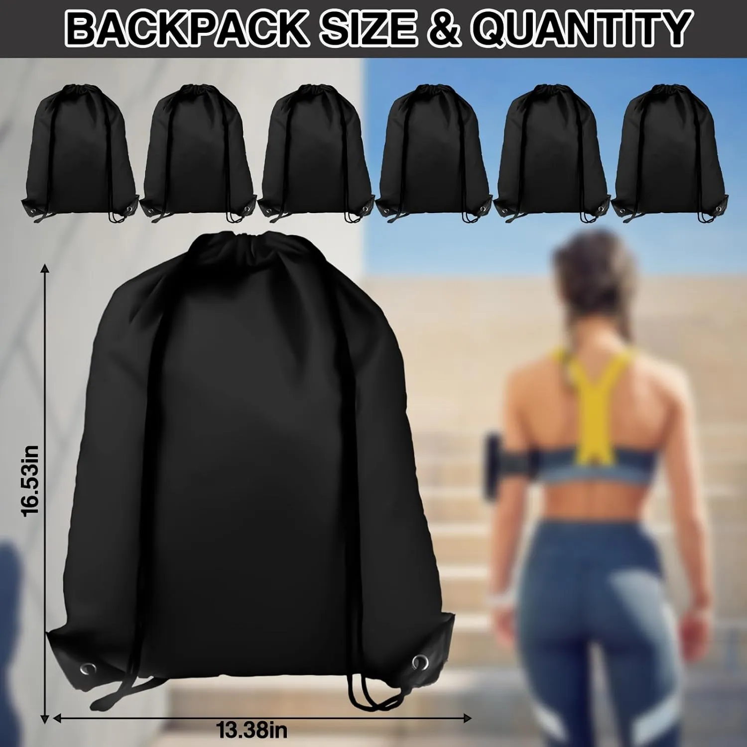 Black Drawstring Backpack 6Pcs Drawstring Gym Bags Draw String Bags Drawstring Backpack for Sports, Gym, Travel, Swimming, Beach