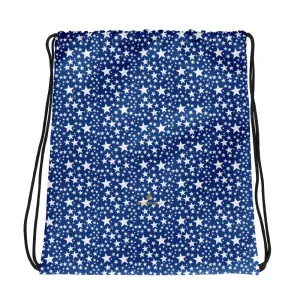 Blue White Star Drawstring Bag, Star Pattern 15”x17”  Drawstring Bag- Made in USA/EU