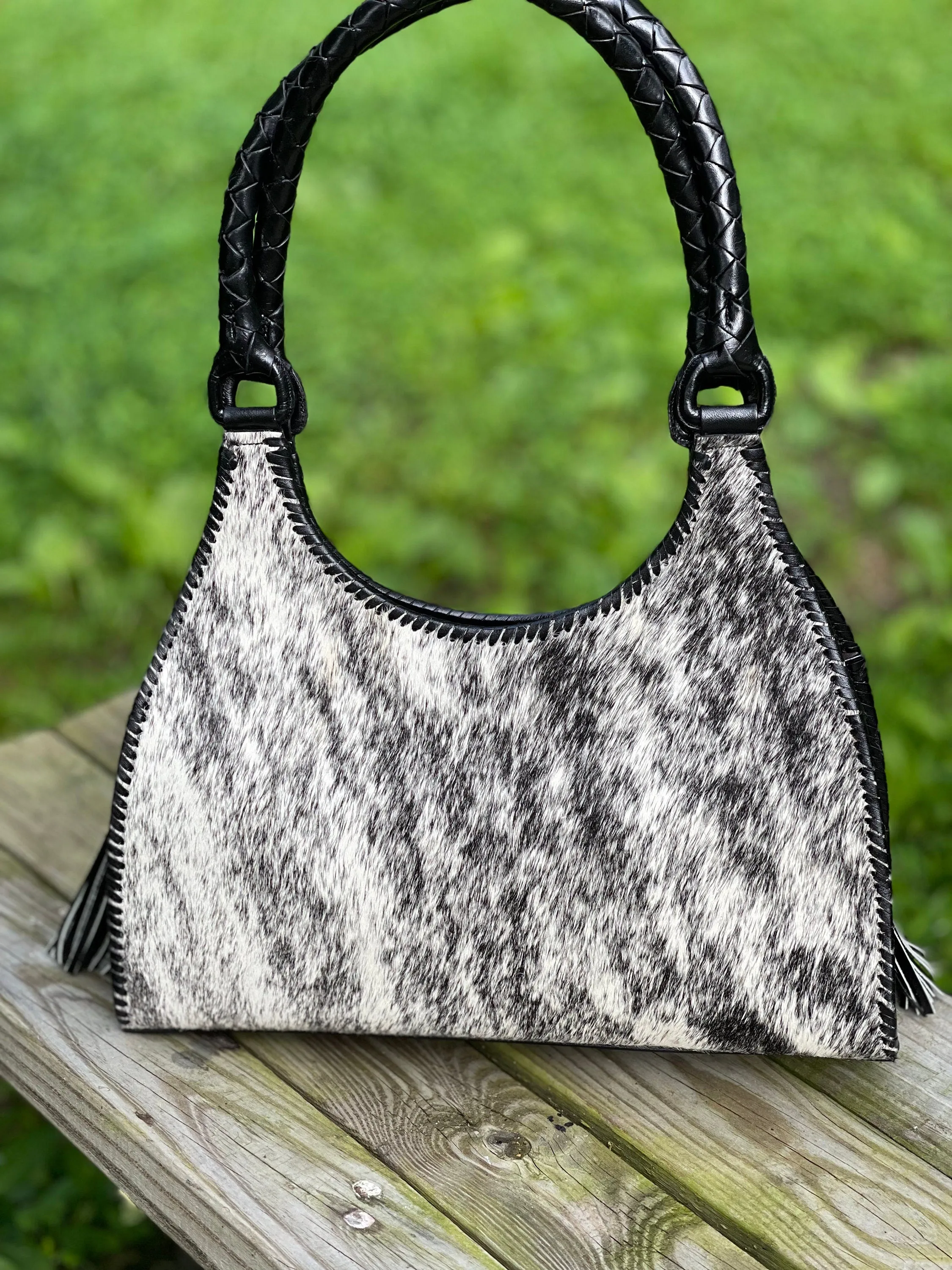Calf Hair Leather Shoulder Bag, ALLE "LUNA PELO", Black & White