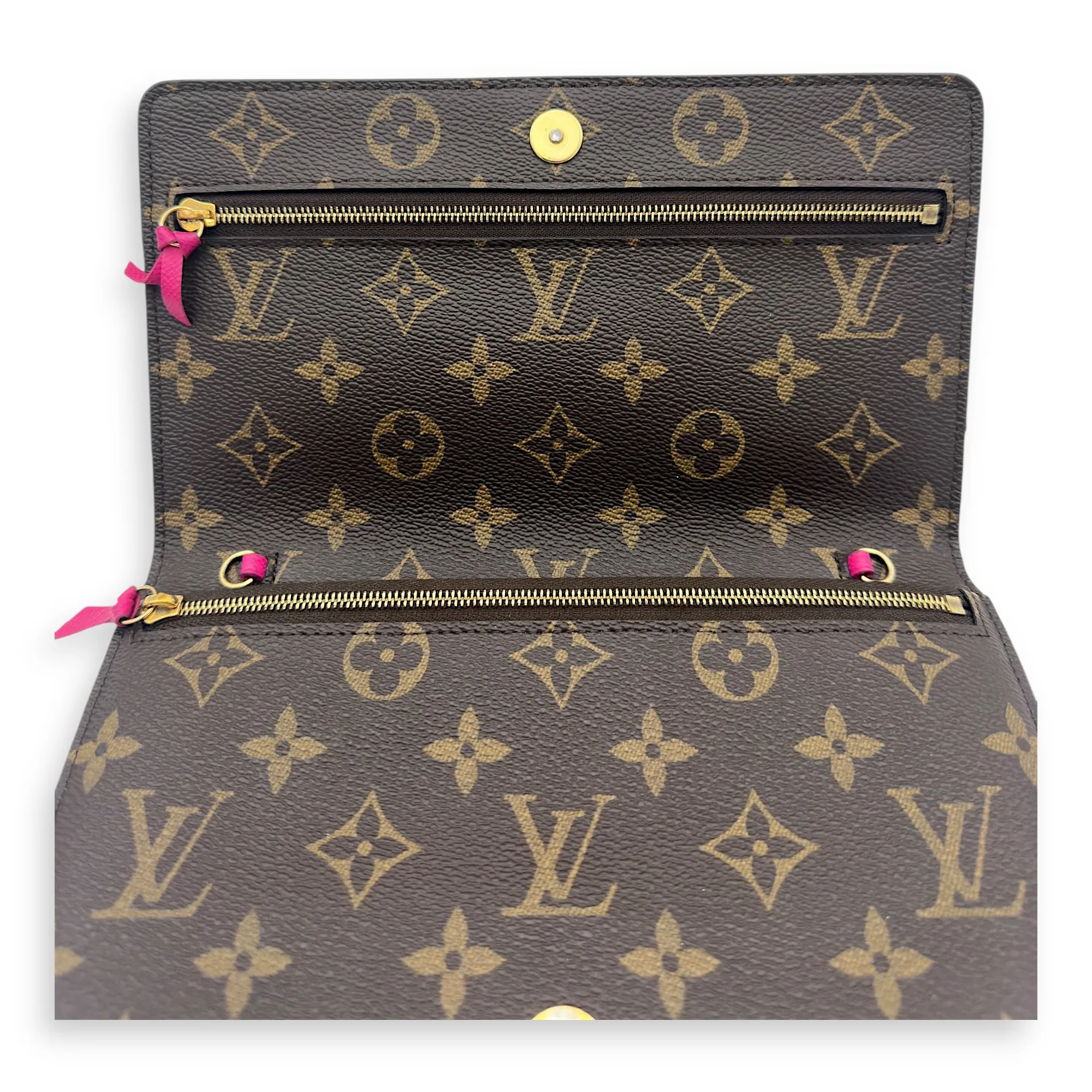 Christmas Animation Pochette Wallet On Chain Brown in Monogram Coated Canvas, Gold hardware