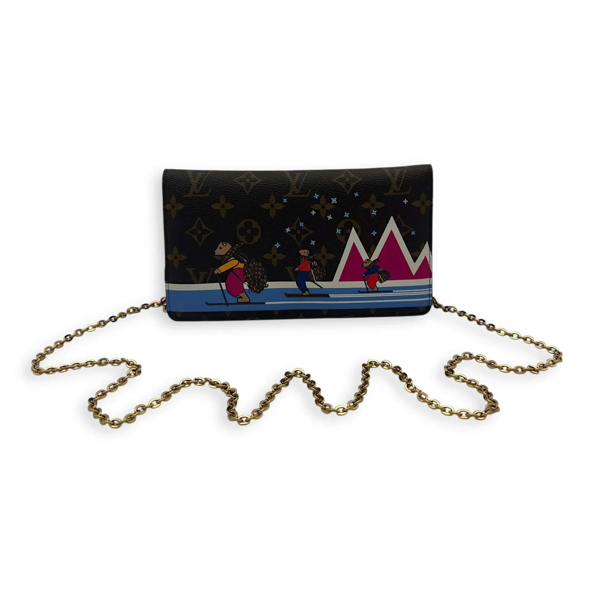 Christmas Animation Pochette Wallet On Chain Brown in Monogram Coated Canvas, Gold hardware
