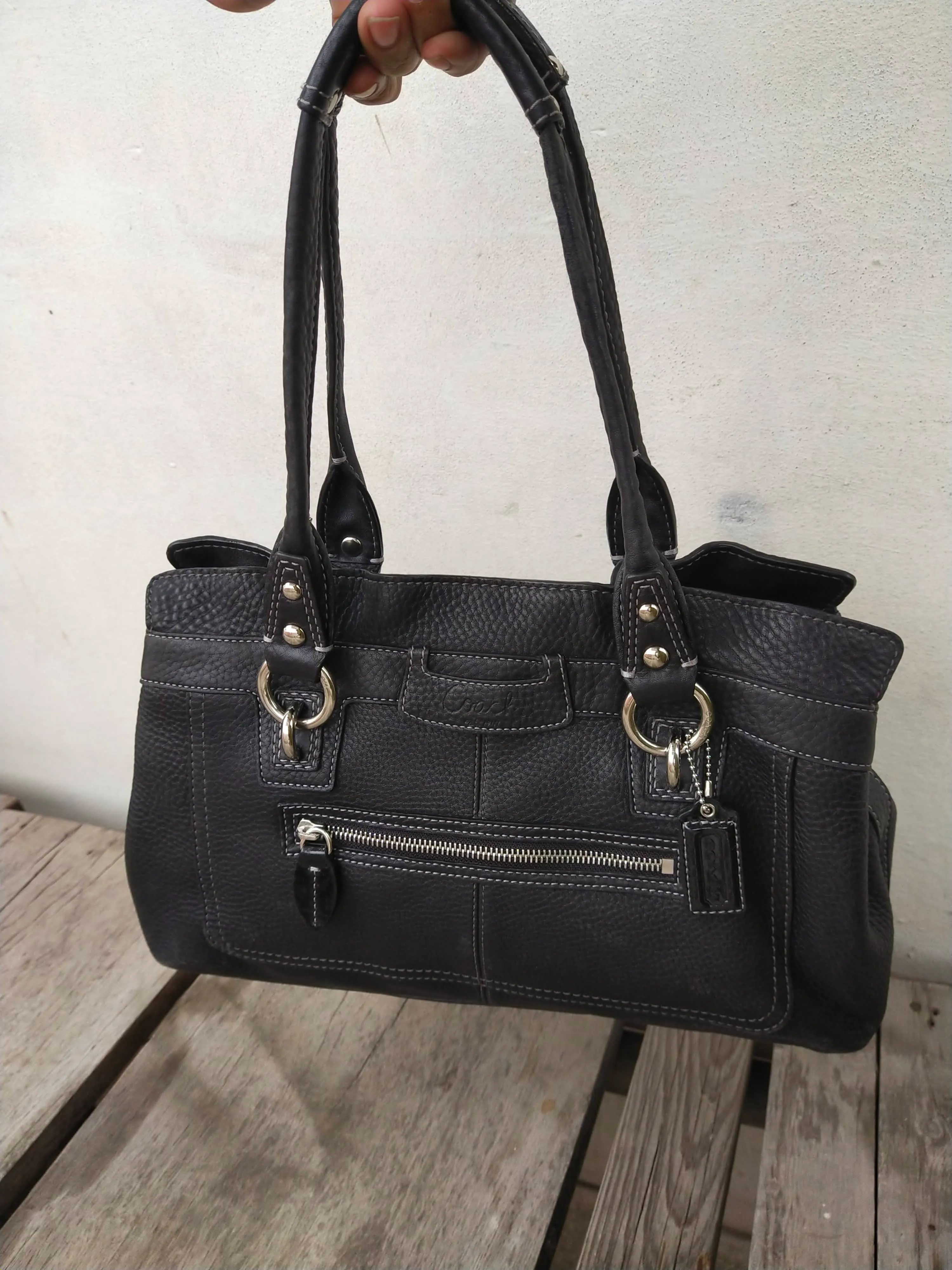 Coach Penelope Pebbled Satchel F14686 Black Leather Shoulder Bag