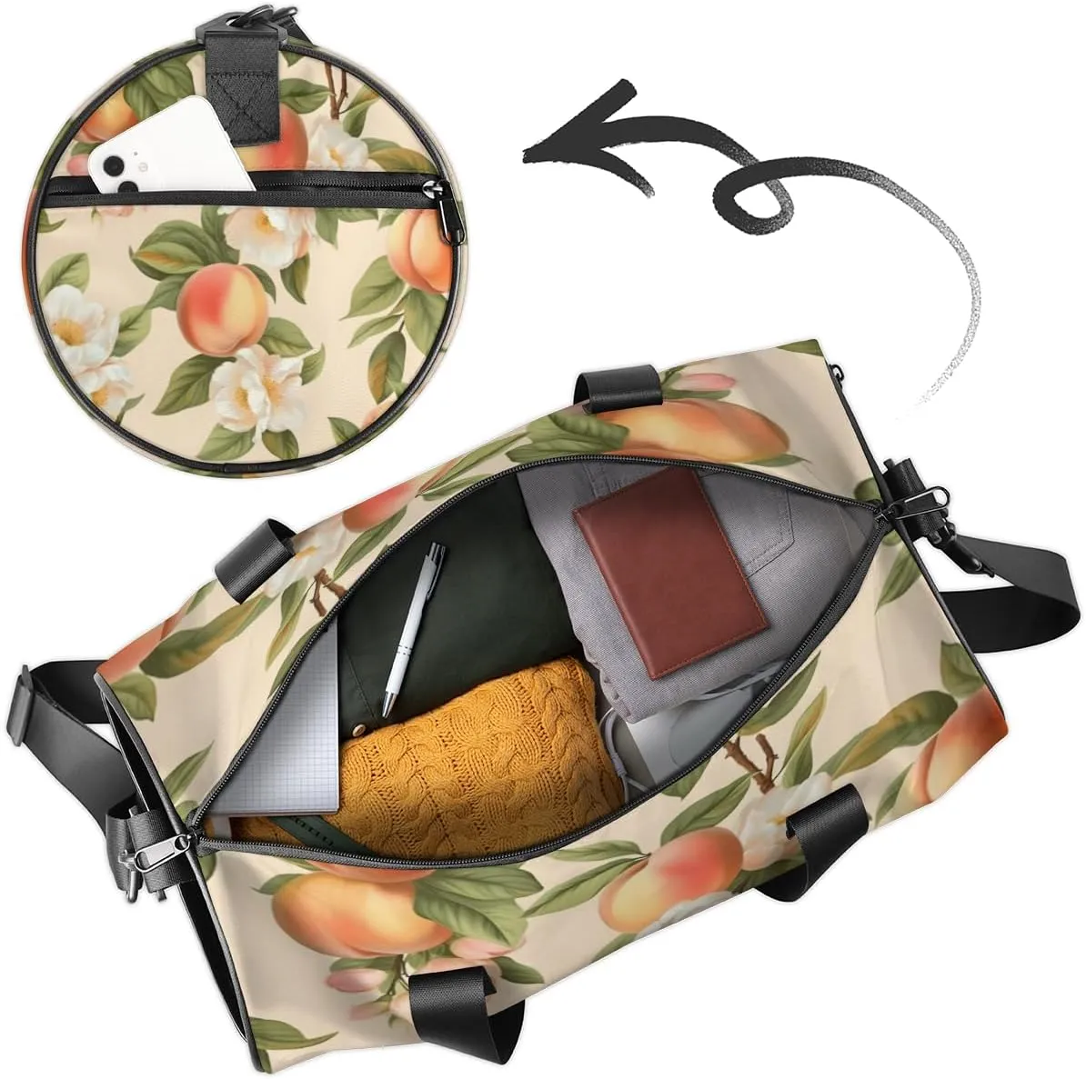 Custom Dance Duffel Bag Sport Backpacks Gyms and Weekend Overnight Travel Duffle Bag Birthday Christmas Halloween Waterproof, Cartoon Peach Prints
