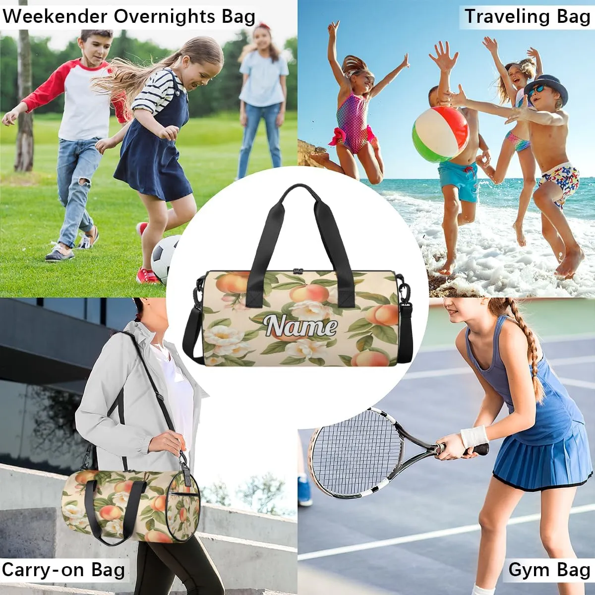Custom Dance Duffel Bag Sport Backpacks Gyms and Weekend Overnight Travel Duffle Bag Birthday Christmas Halloween Waterproof, Cartoon Peach Prints