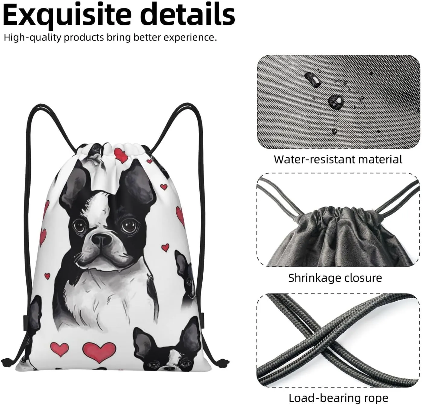 Drawstring Backpack Waterproof String Bag Boston Terrier Dog Sport Gym Sackpack Lightweight Cinch Bag
