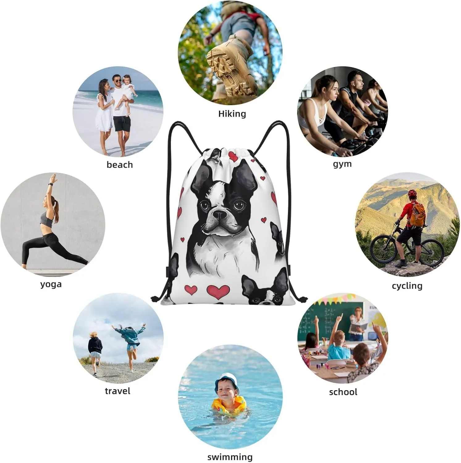 Drawstring Backpack Waterproof String Bag Boston Terrier Dog Sport Gym Sackpack Lightweight Cinch Bag