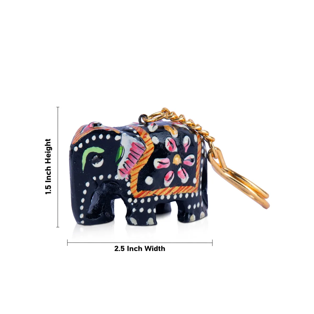 Elephant Statue Key Chain - 1.5 x 2.5 Inches | Painted Elephant Idol Key Ring/Wooden Key Holder for Car & Bike