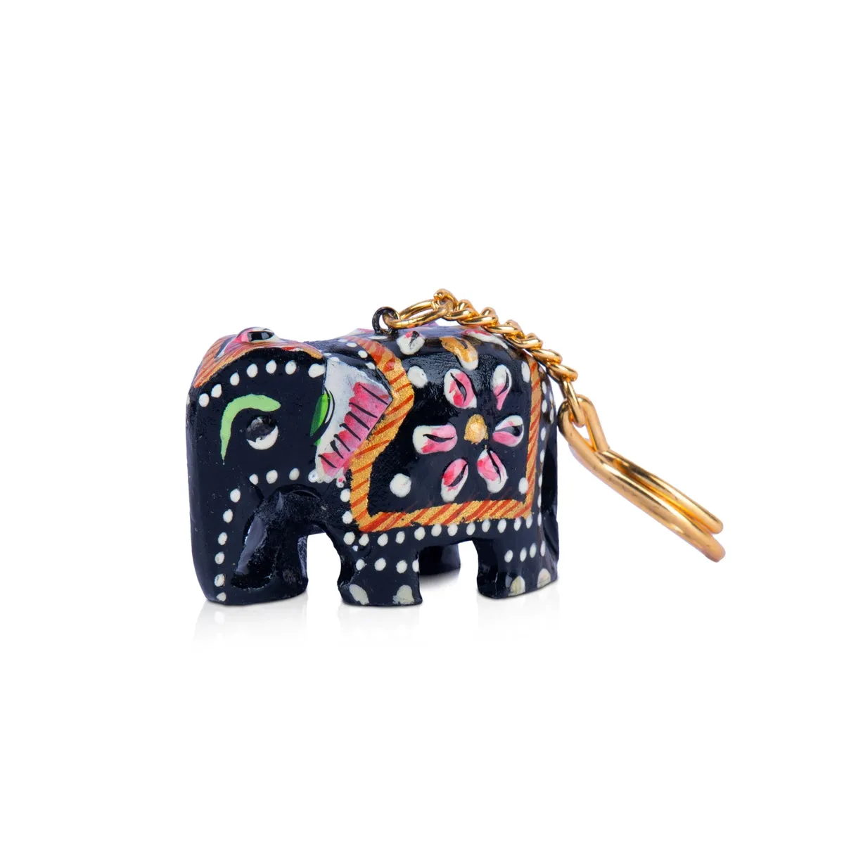 Elephant Statue Key Chain - 1.5 x 2.5 Inches | Painted Elephant Idol Key Ring/Wooden Key Holder for Car & Bike