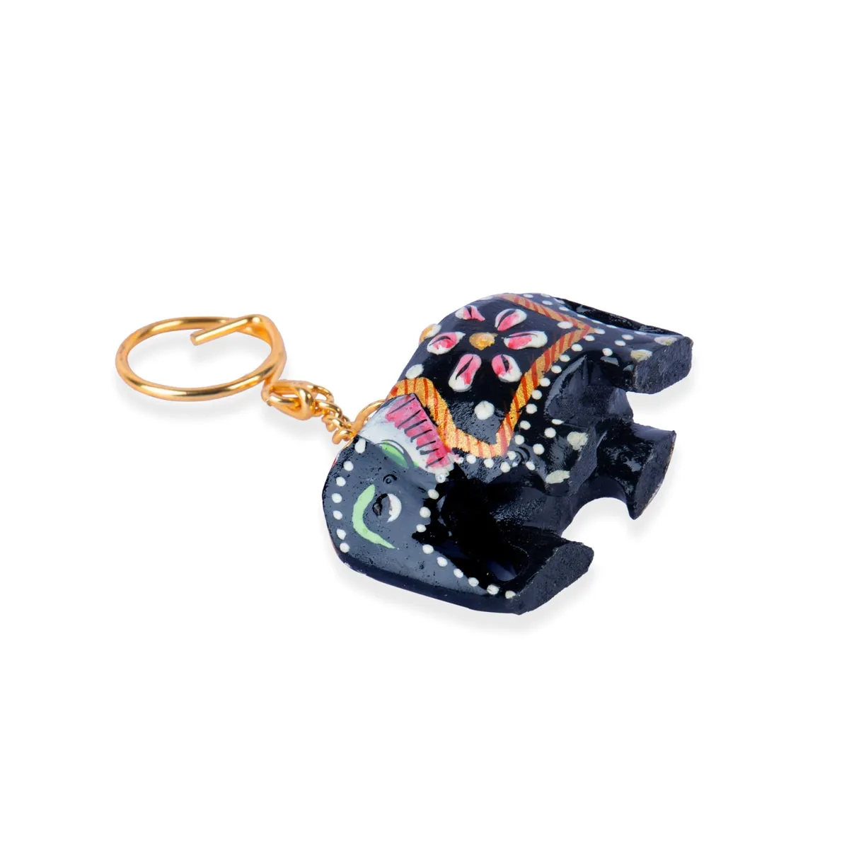 Elephant Statue Key Chain - 1.5 x 2.5 Inches | Painted Elephant Idol Key Ring/Wooden Key Holder for Car & Bike