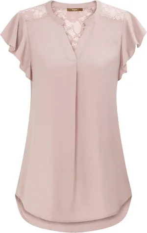 Gaharu Women's Notch V Neck Short Sleeve Chiffon Shirts Casual Lace Blouse Top