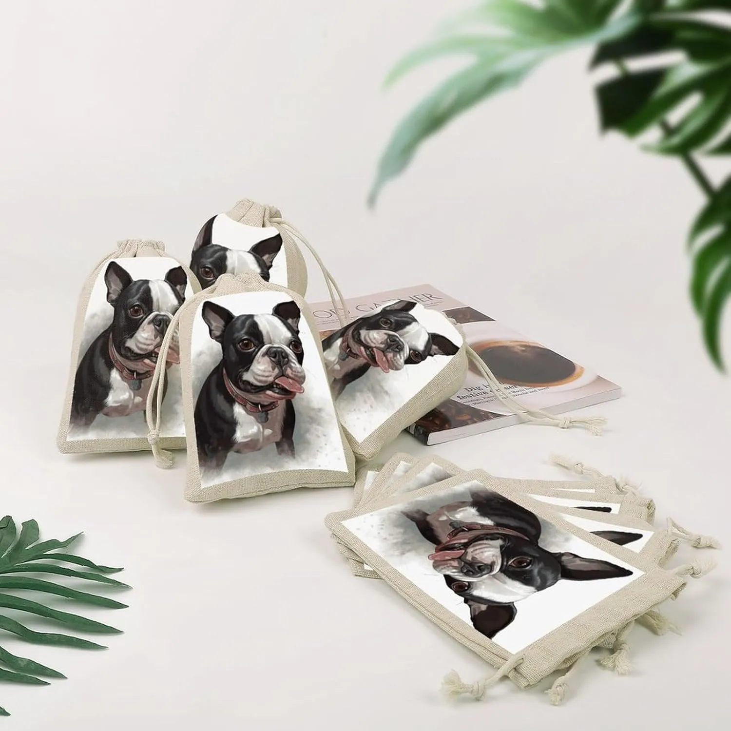 GHBNK Boston Terrier Burlap Bags 8PC Drawstring Bags Small Burlap Gift Pouches for Jewelry,Travel Storage