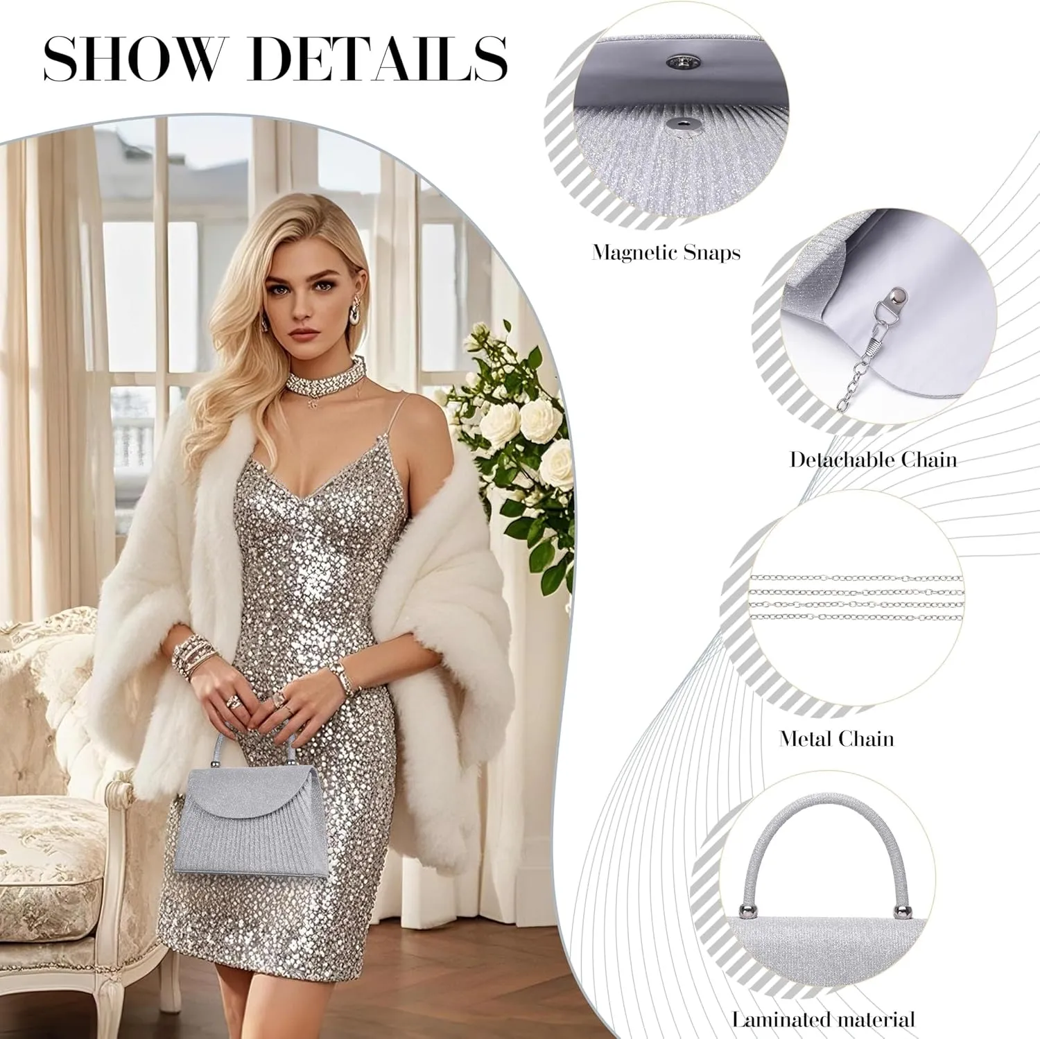 Larcenciel Women's Evening Handbags, Glitter Top Handle Evening Clutch Purse w/Chain for Party Prom Wedding Cocktail Club