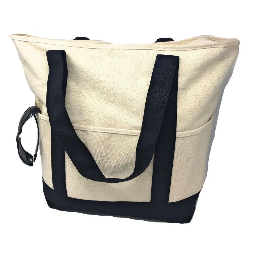 Large 20inch Cotton Canvas Reusable Grocery Shopping Tote Bags Zippered Travel