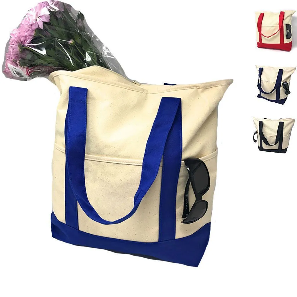 Large 20inch Cotton Canvas Reusable Grocery Shopping Tote Bags Zippered Travel