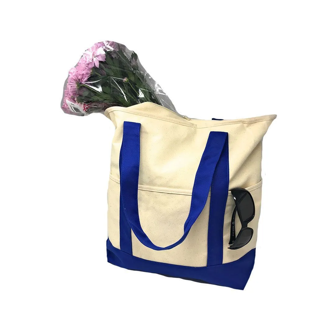 Large 20inch Cotton Canvas Reusable Grocery Shopping Tote Bags Zippered Travel