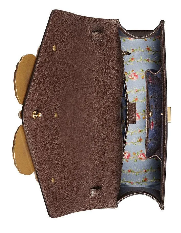 Leather Top Handle Bag with Moth, Brown