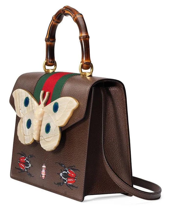 Leather Top Handle Bag with Moth, Brown
