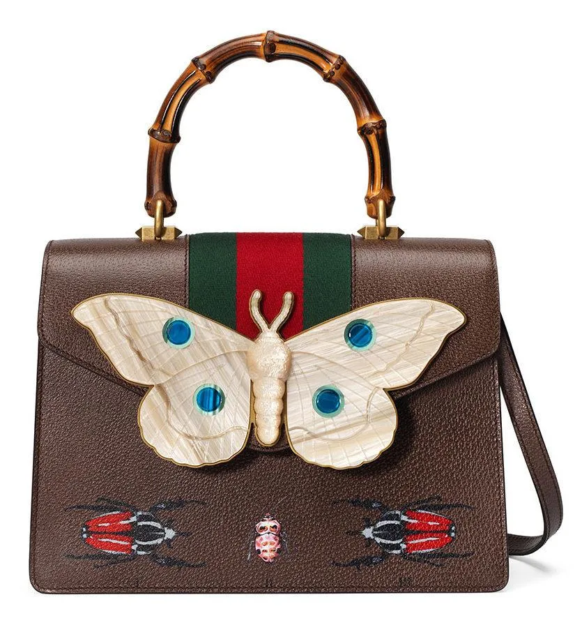 Leather Top Handle Bag with Moth, Brown