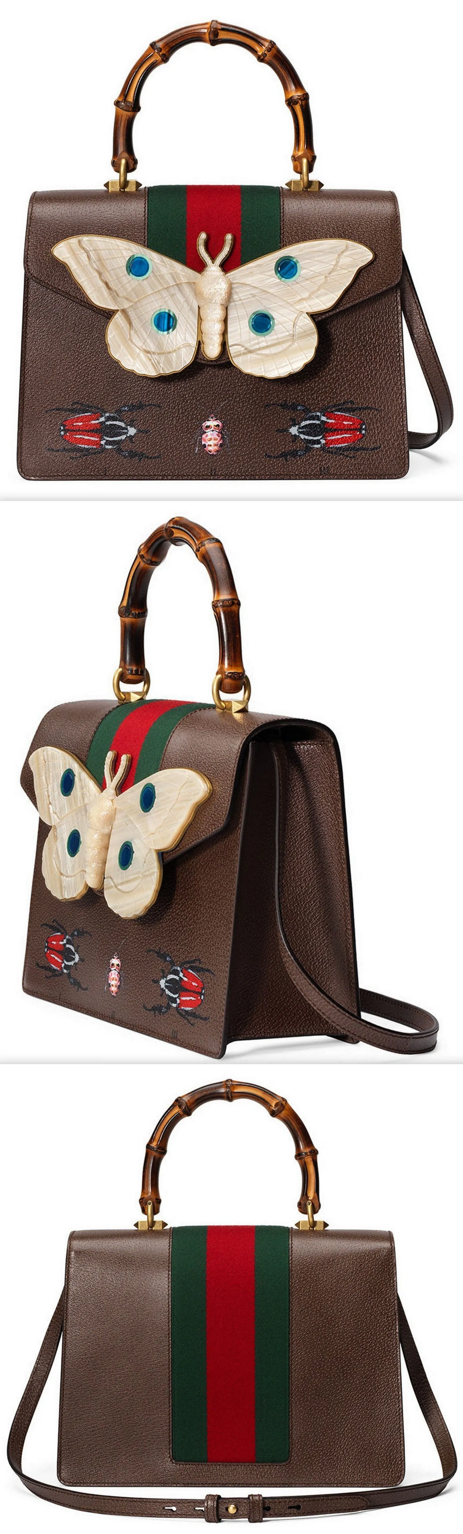 Leather Top Handle Bag with Moth, Brown
