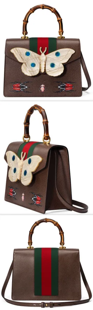 Leather Top Handle Bag with Moth, Brown