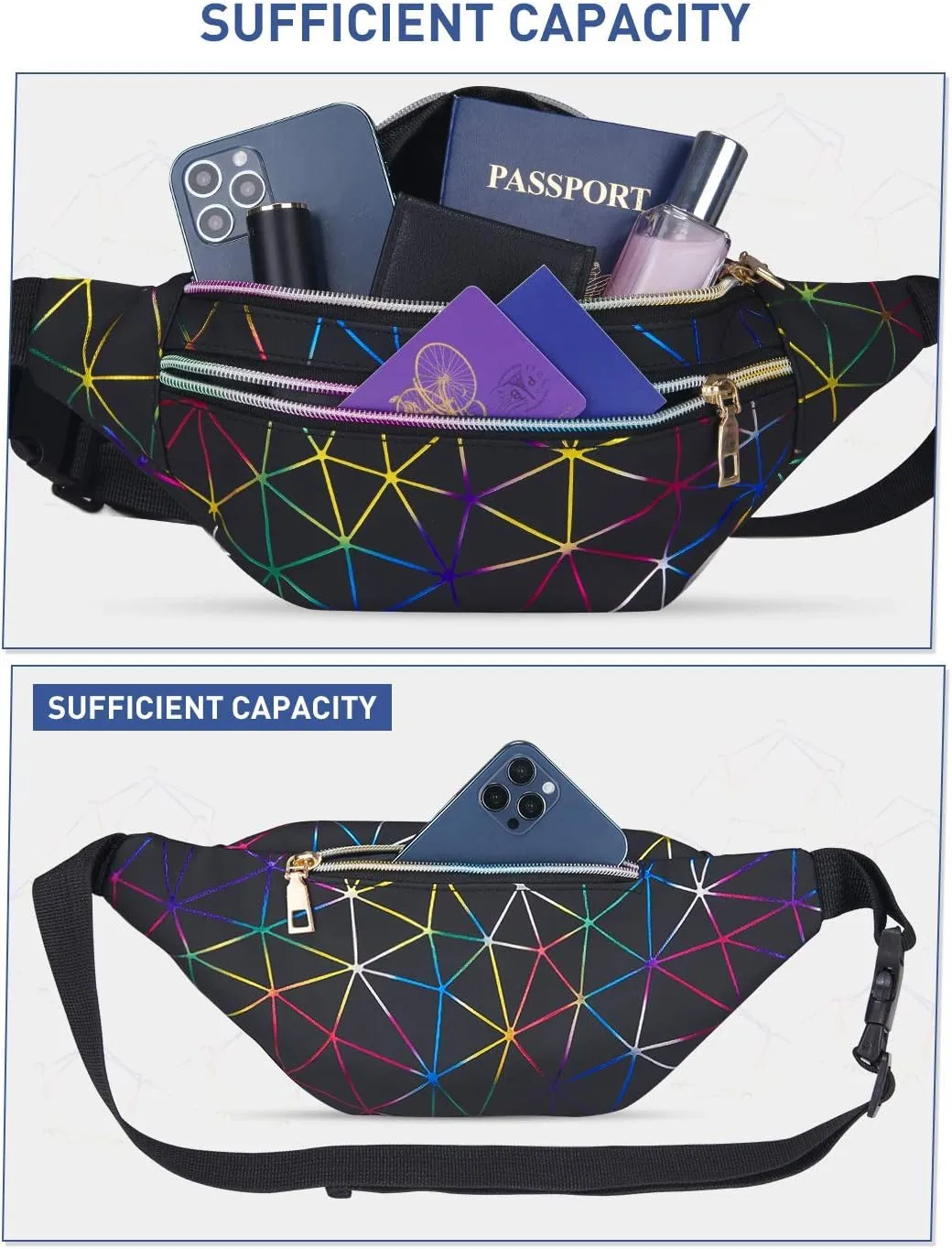LIVACASA Black Fanny Packs for Women Waterproof Holographic Waist Packs Shiny with Adjustable Belt Diamond Lattice Pattern for Party Festival Trip