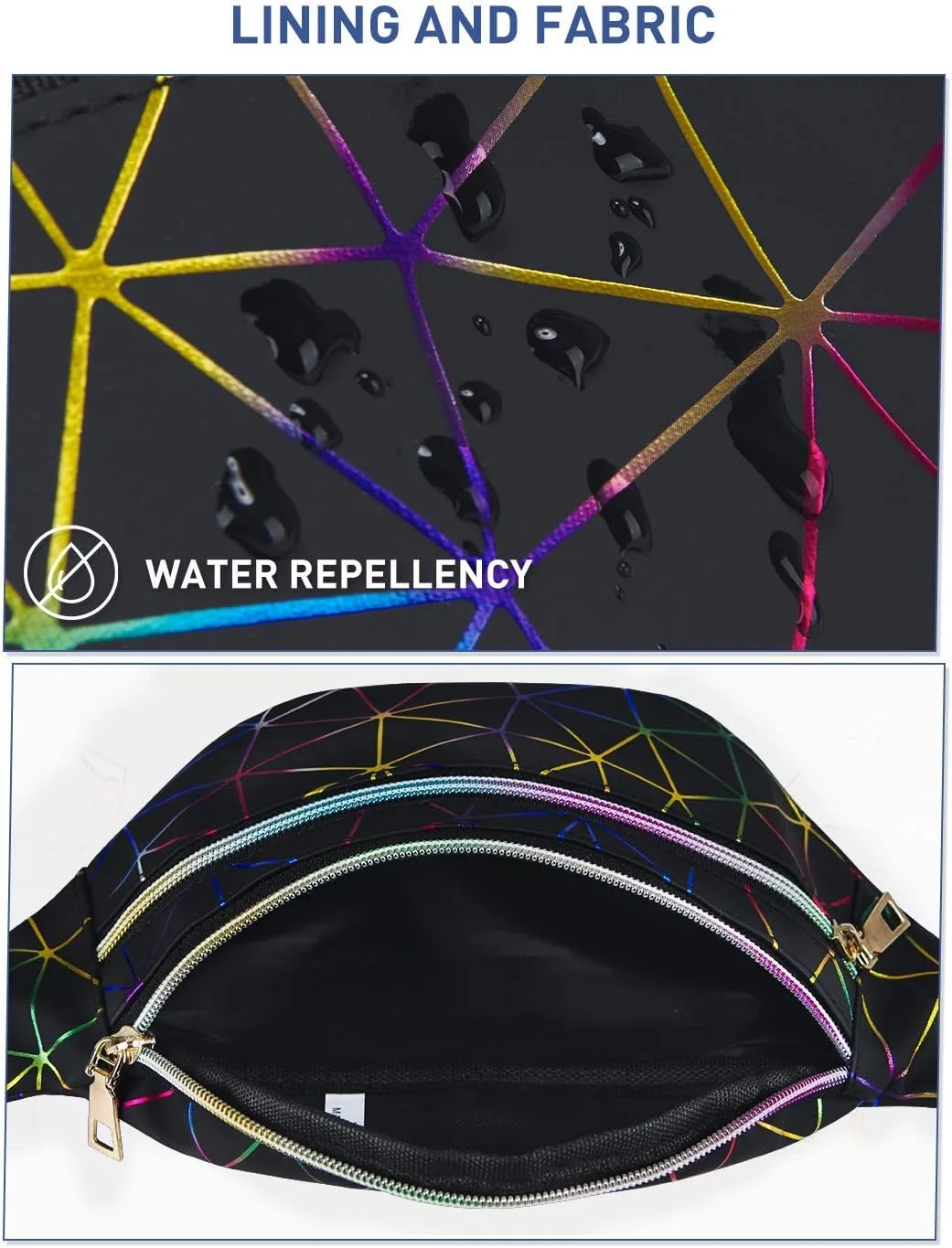 LIVACASA Black Fanny Packs for Women Waterproof Holographic Waist Packs Shiny with Adjustable Belt Diamond Lattice Pattern for Party Festival Trip