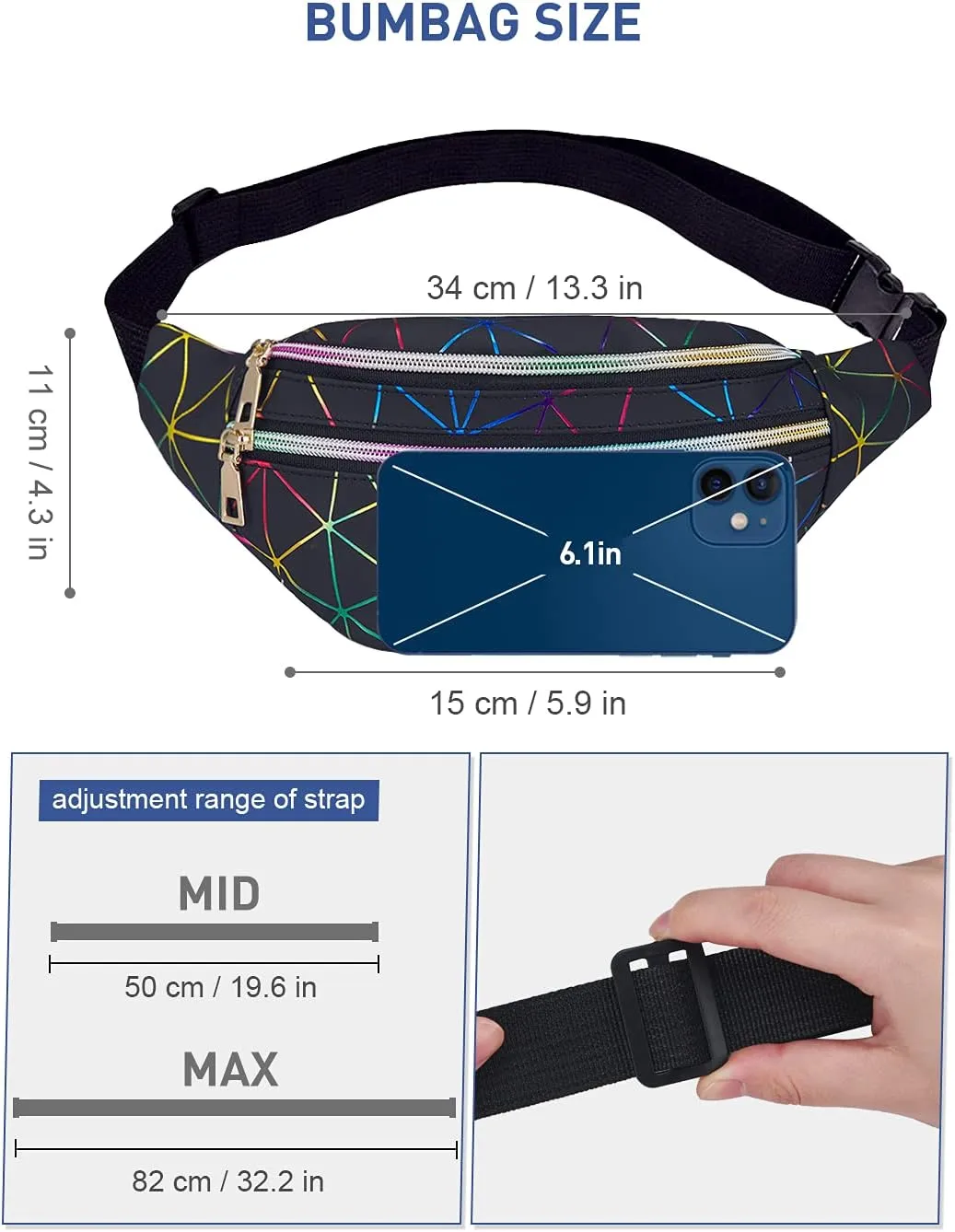 LIVACASA Black Fanny Packs for Women Waterproof Holographic Waist Packs Shiny with Adjustable Belt Diamond Lattice Pattern for Party Festival Trip