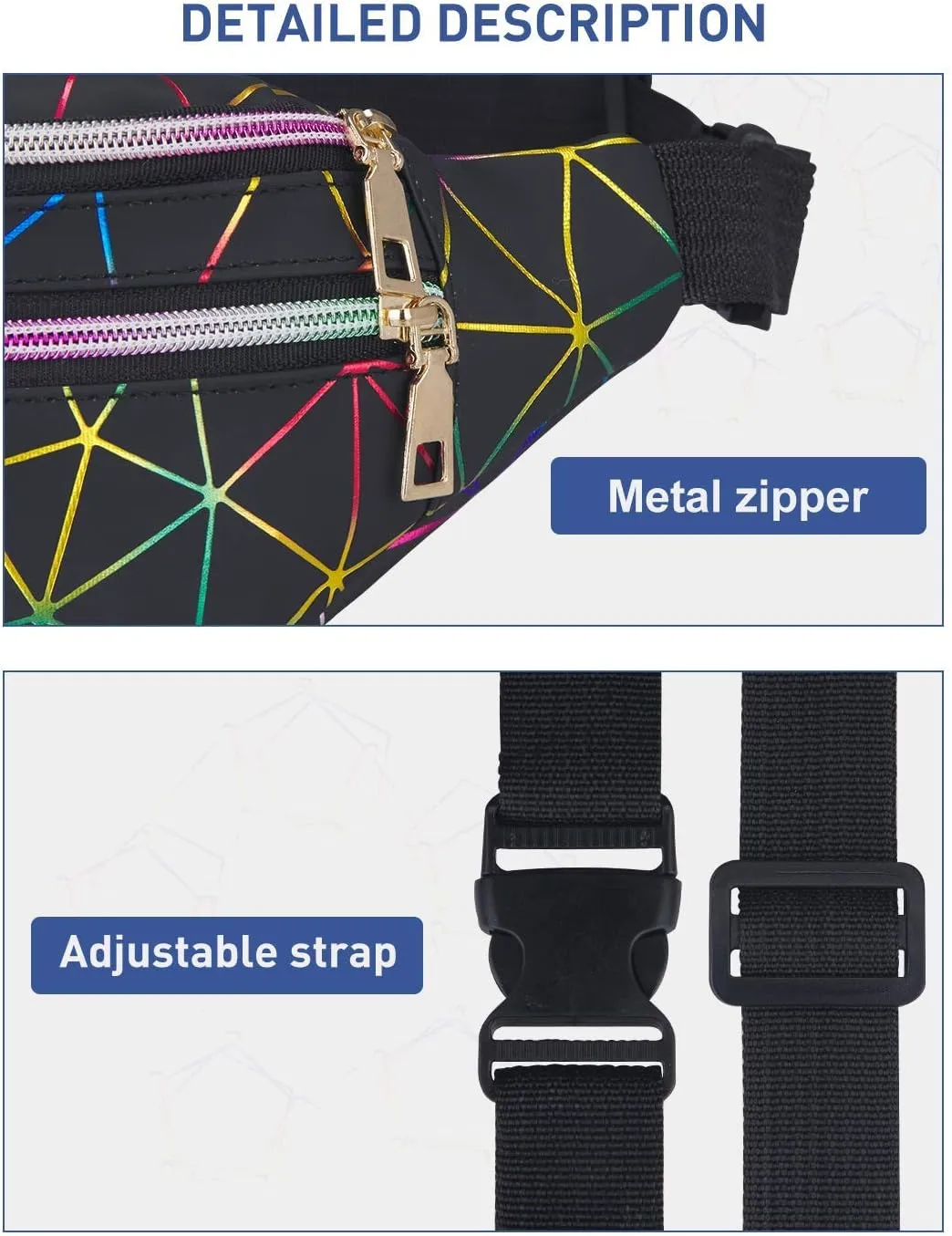 LIVACASA Black Fanny Packs for Women Waterproof Holographic Waist Packs Shiny with Adjustable Belt Diamond Lattice Pattern for Party Festival Trip
