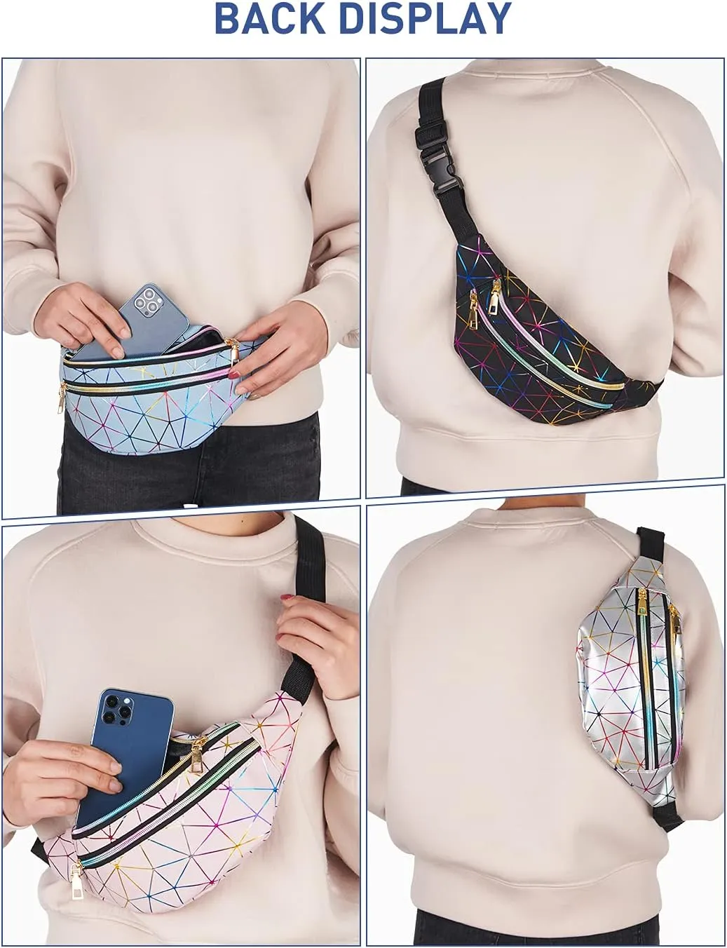 LIVACASA Black Fanny Packs for Women Waterproof Holographic Waist Packs Shiny with Adjustable Belt Diamond Lattice Pattern for Party Festival Trip