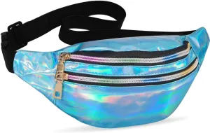 LIVACASA Holographic Fanny Packs for Women Cute Waist Packs Shiny Waist Bum Bag Waterproof for Travel Party Festival Running Hiking Blue