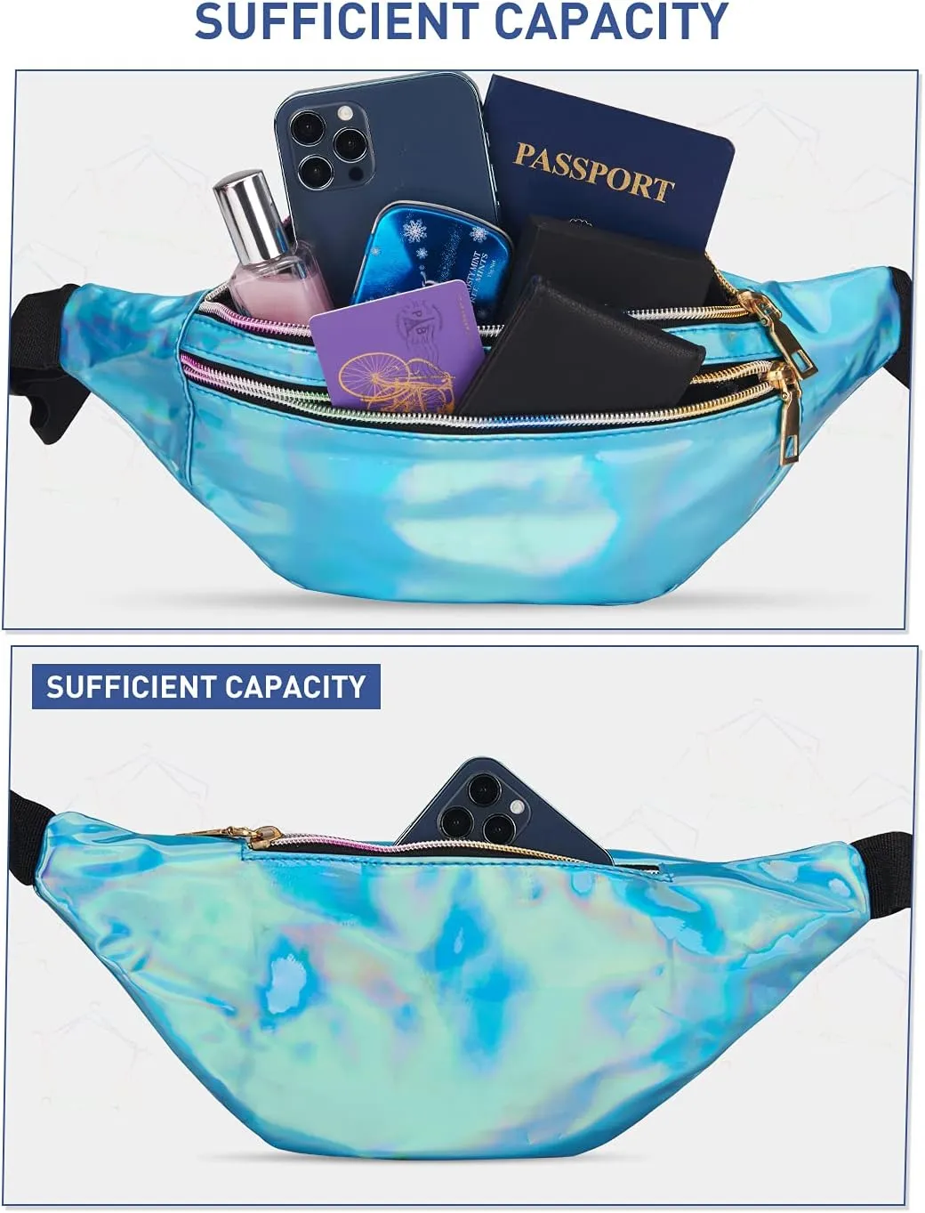 LIVACASA Holographic Fanny Packs for Women Cute Waist Packs Shiny Waist Bum Bag Waterproof for Travel Party Festival Running Hiking Blue