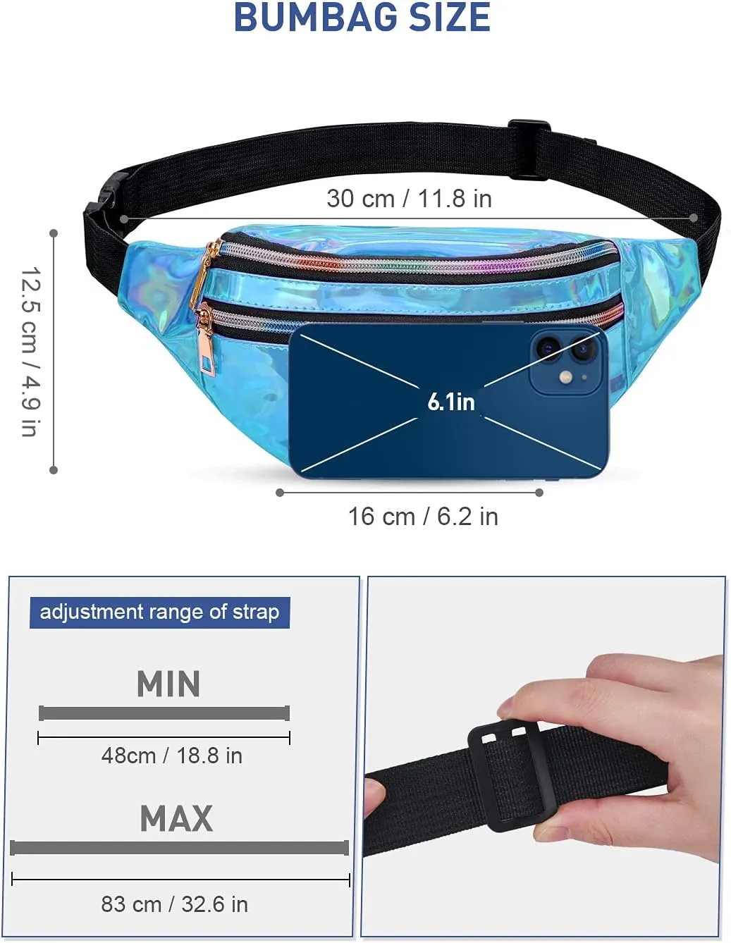 LIVACASA Holographic Fanny Packs for Women Cute Waist Packs Shiny Waist Bum Bag Waterproof for Travel Party Festival Running Hiking Blue