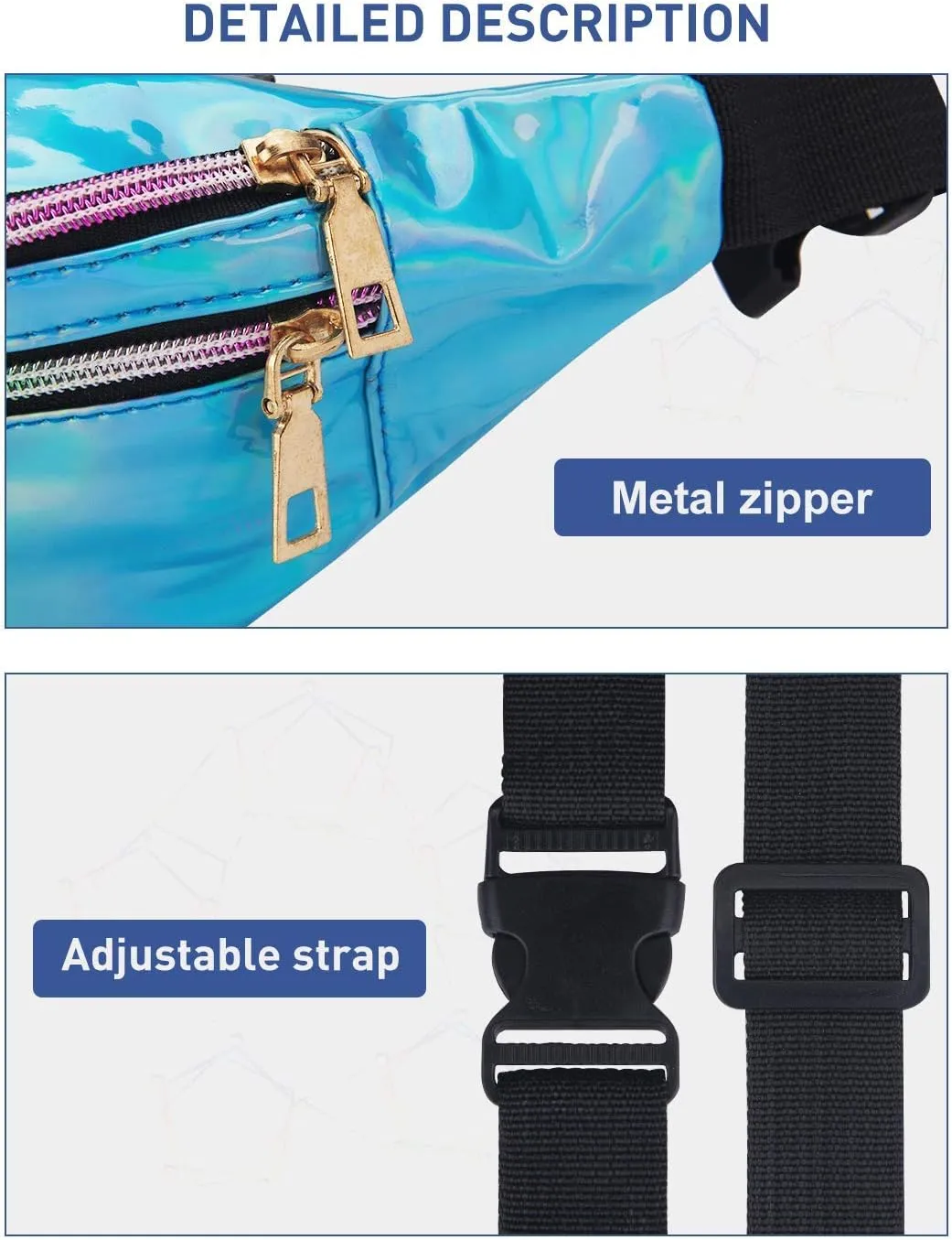 LIVACASA Holographic Fanny Packs for Women Cute Waist Packs Shiny Waist Bum Bag Waterproof for Travel Party Festival Running Hiking Blue