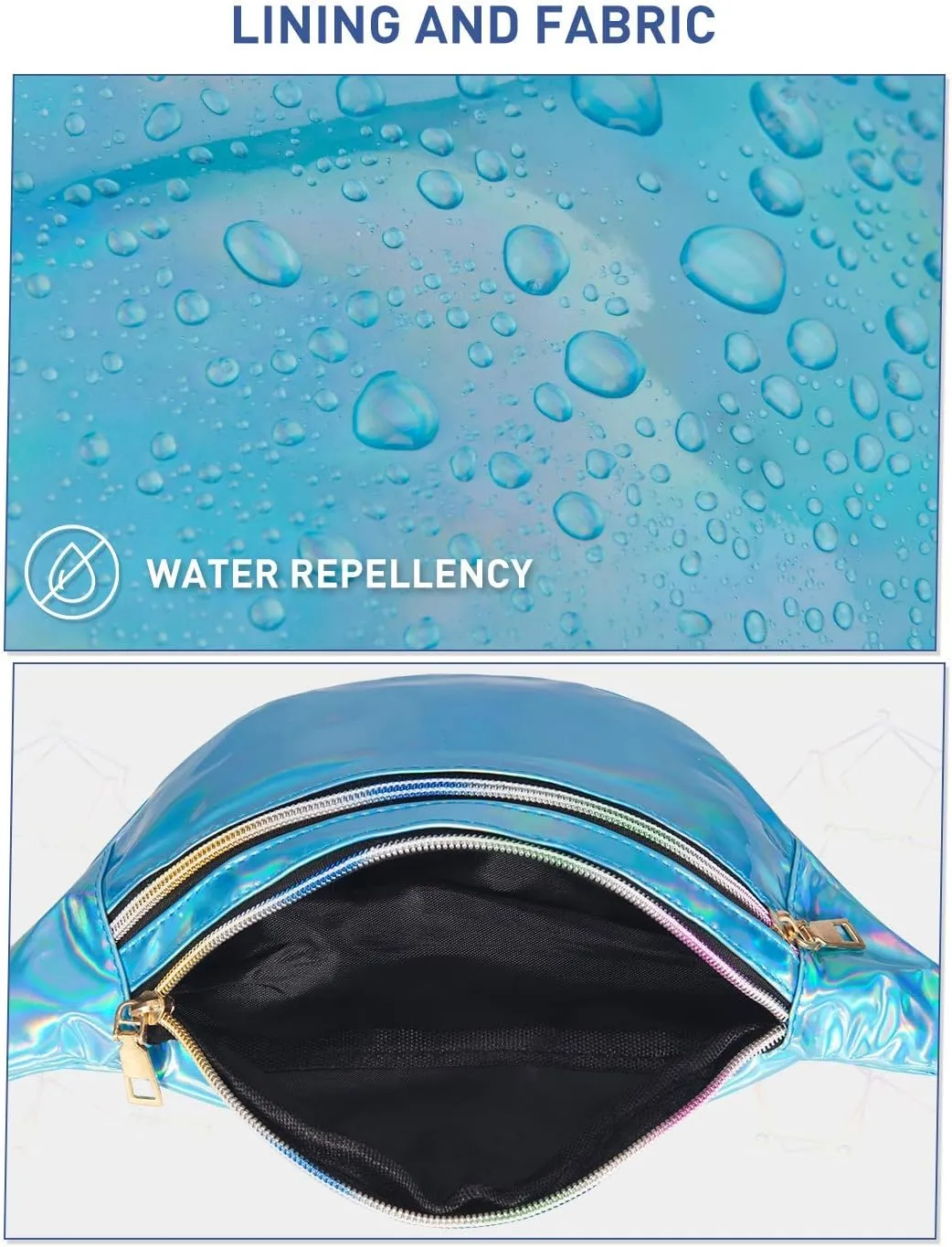 LIVACASA Holographic Fanny Packs for Women Cute Waist Packs Shiny Waist Bum Bag Waterproof for Travel Party Festival Running Hiking Blue