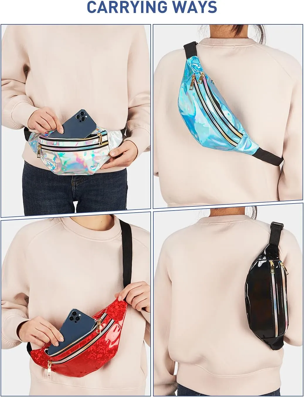 LIVACASA Holographic Fanny Packs for Women Cute Waist Packs Shiny Waist Bum Bag Waterproof for Travel Party Festival Running Hiking Blue