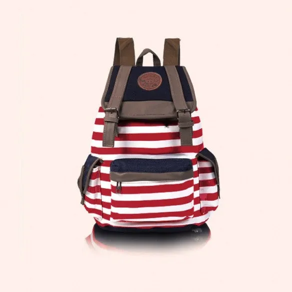 New Arrival Lady Girl Women Unisex Backpack Canvas Stripe Leisure School Bag