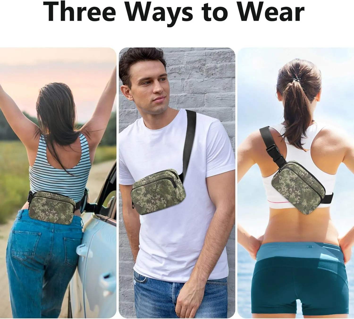 Pixel Camouflage Green Womens Fanny Pack Waterproof Anti Theft Belt Bag Cute Crossbody Waist Purse