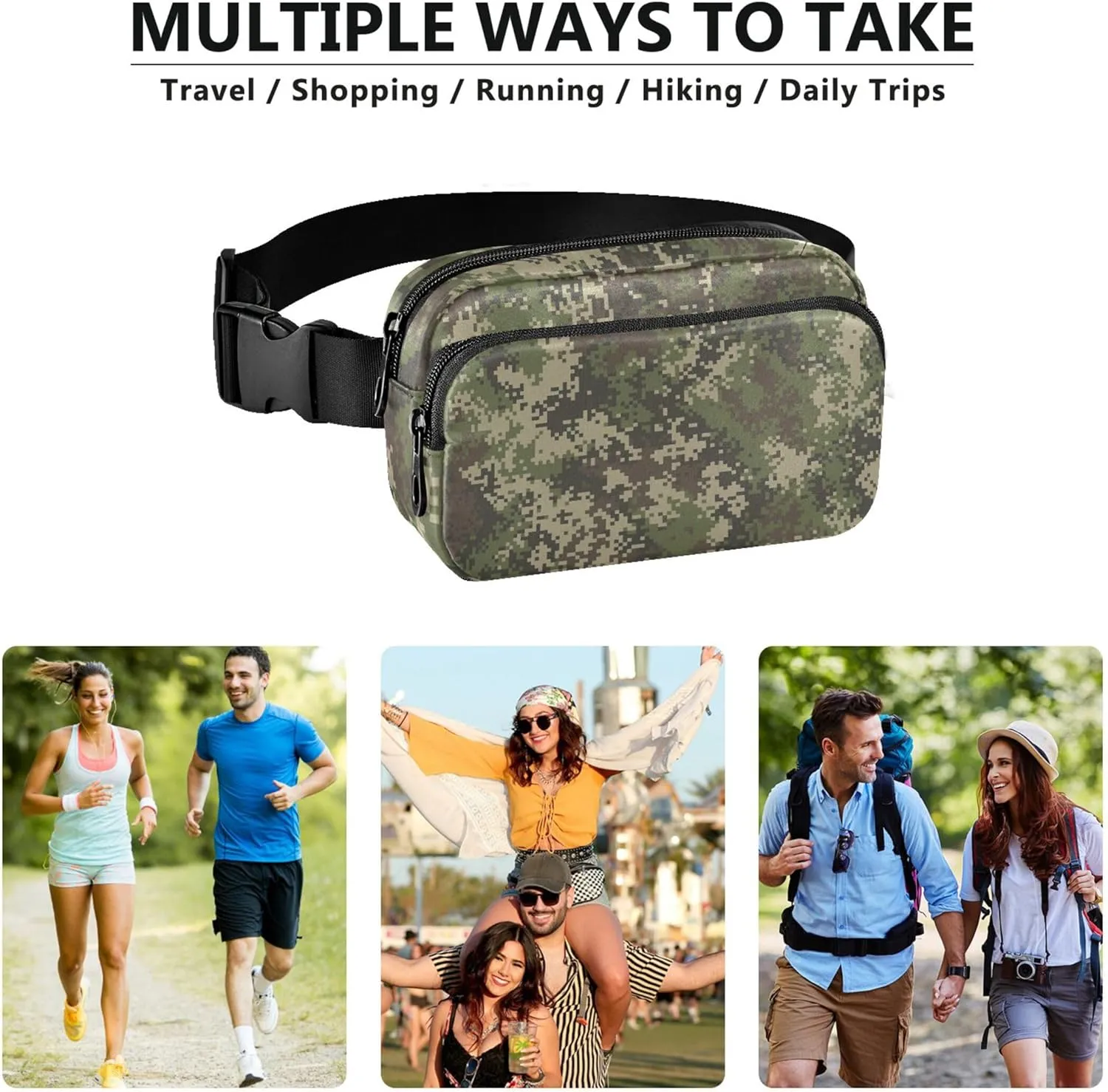 Pixel Camouflage Green Womens Fanny Pack Waterproof Anti Theft Belt Bag Cute Crossbody Waist Purse