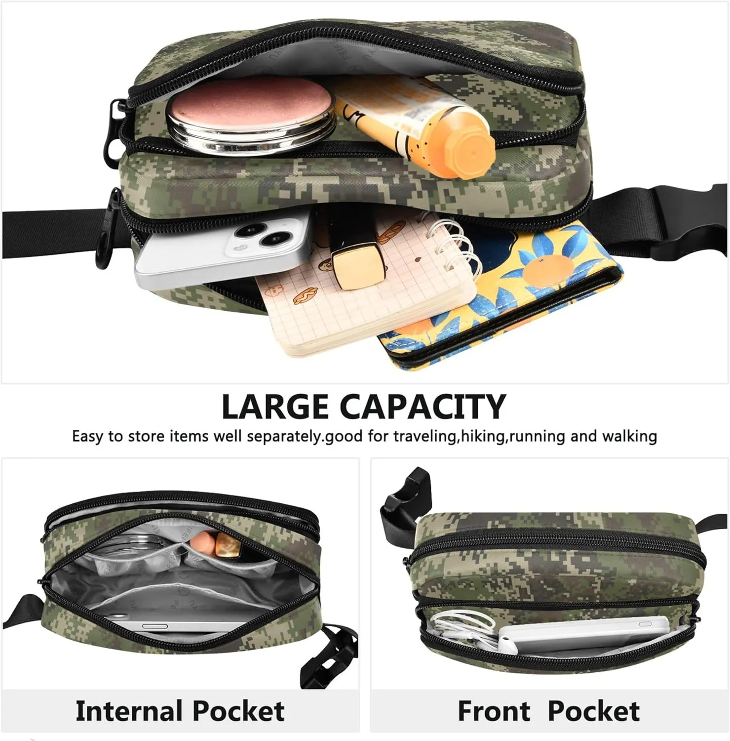 Pixel Camouflage Green Womens Fanny Pack Waterproof Anti Theft Belt Bag Cute Crossbody Waist Purse