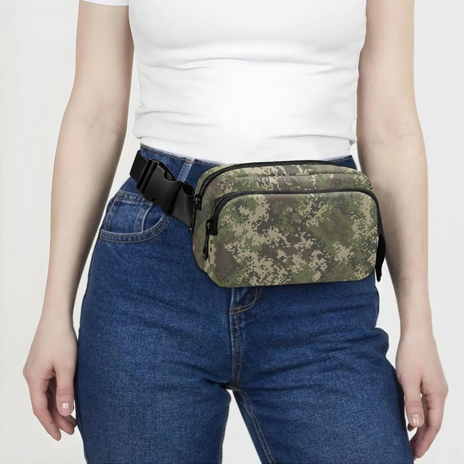 Pixel Camouflage Green Womens Fanny Pack Waterproof Anti Theft Belt Bag Cute Crossbody Waist Purse