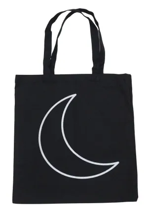 Silver Metallic Crescent Moon Reusable 15"x16" Black Canvas Tote Bag