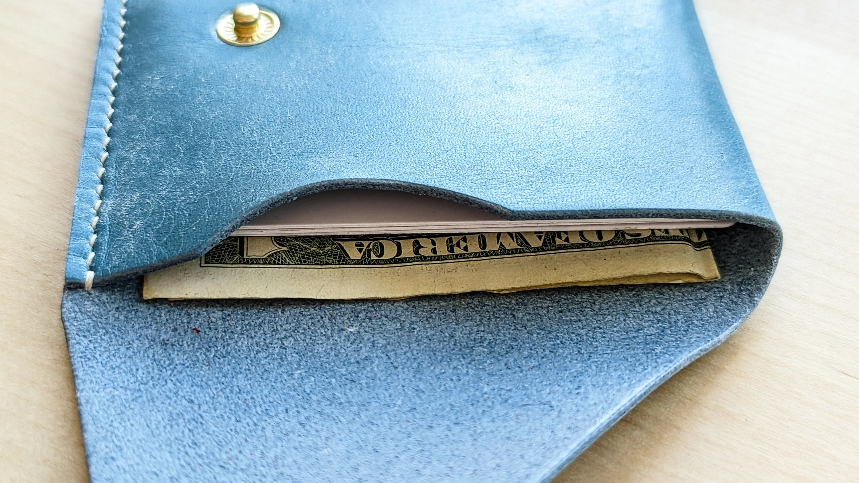 Sky Blue Italian Leather Asymmetrical Minimalist Snap Wallet