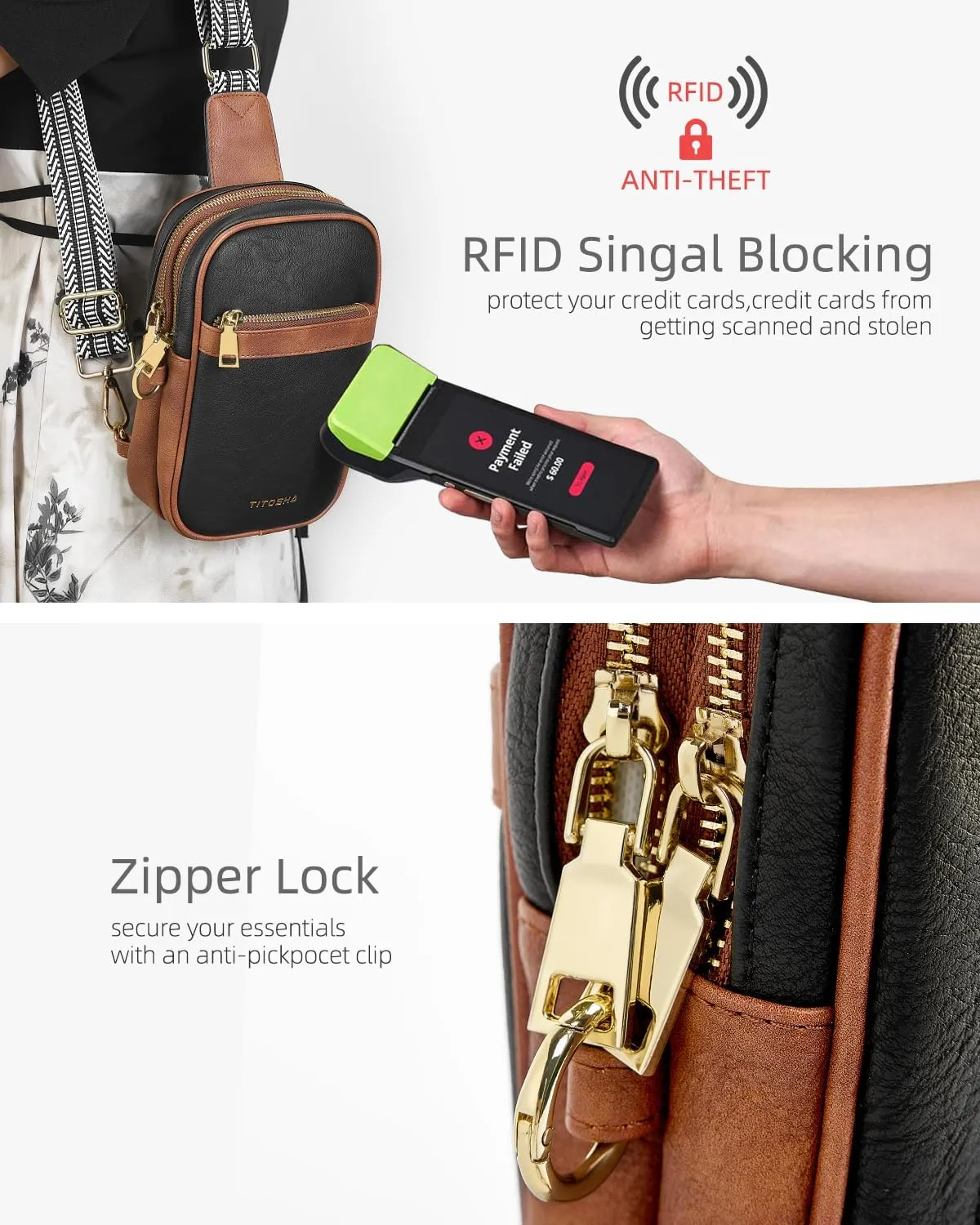 Titosha Anti Theft Small Sling Bags for Women RFID Blocking Cross Body Travel Purse Fanny Packs with Anti-Pickpocket Clip