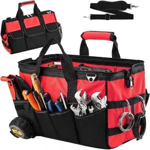 Tool Bag, 16 Inch Top Tool Organizer, Water-Resistant, Electrician Tool Bag with Handle & Padded Strap, Red