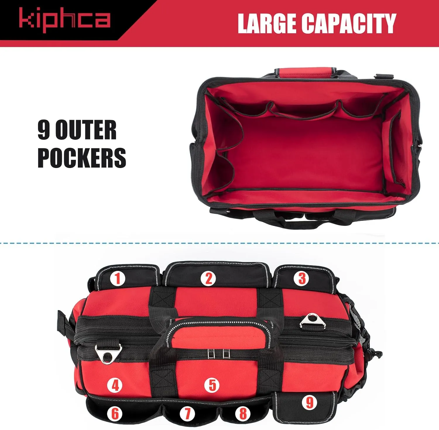 Tool Bag, 16 Inch Top Tool Organizer, Water-Resistant, Electrician Tool Bag with Handle & Padded Strap, Red